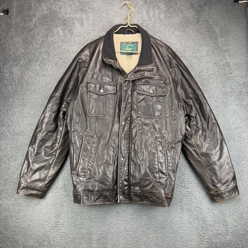 GH Bass & Co Mens XXL Brown Faux Leather Sherpa Lined Bomber Jacket Moto Coat